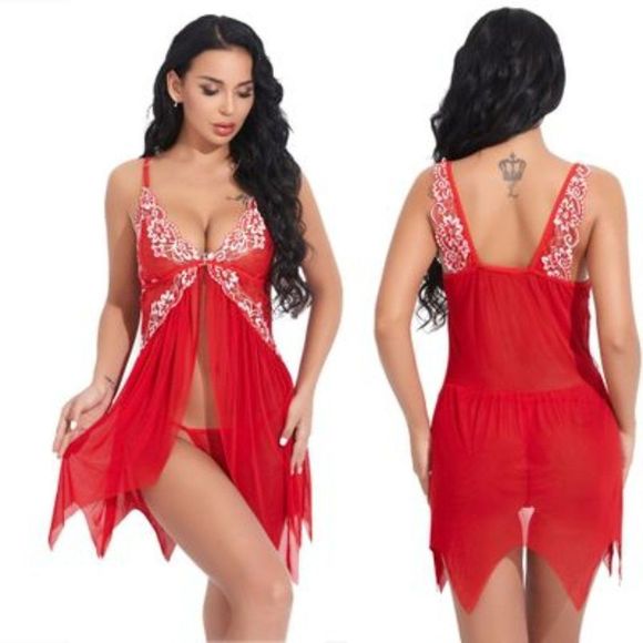 Split Red Floral Babydoll Lingerie - Picture 4 of 5